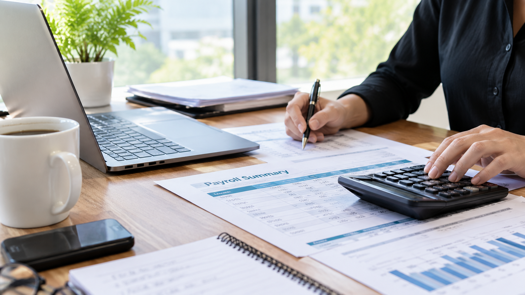 A small business owner reviewing payroll records at a desk, using a calculator and laptop while checking a printed payroll summary in a bright home office.