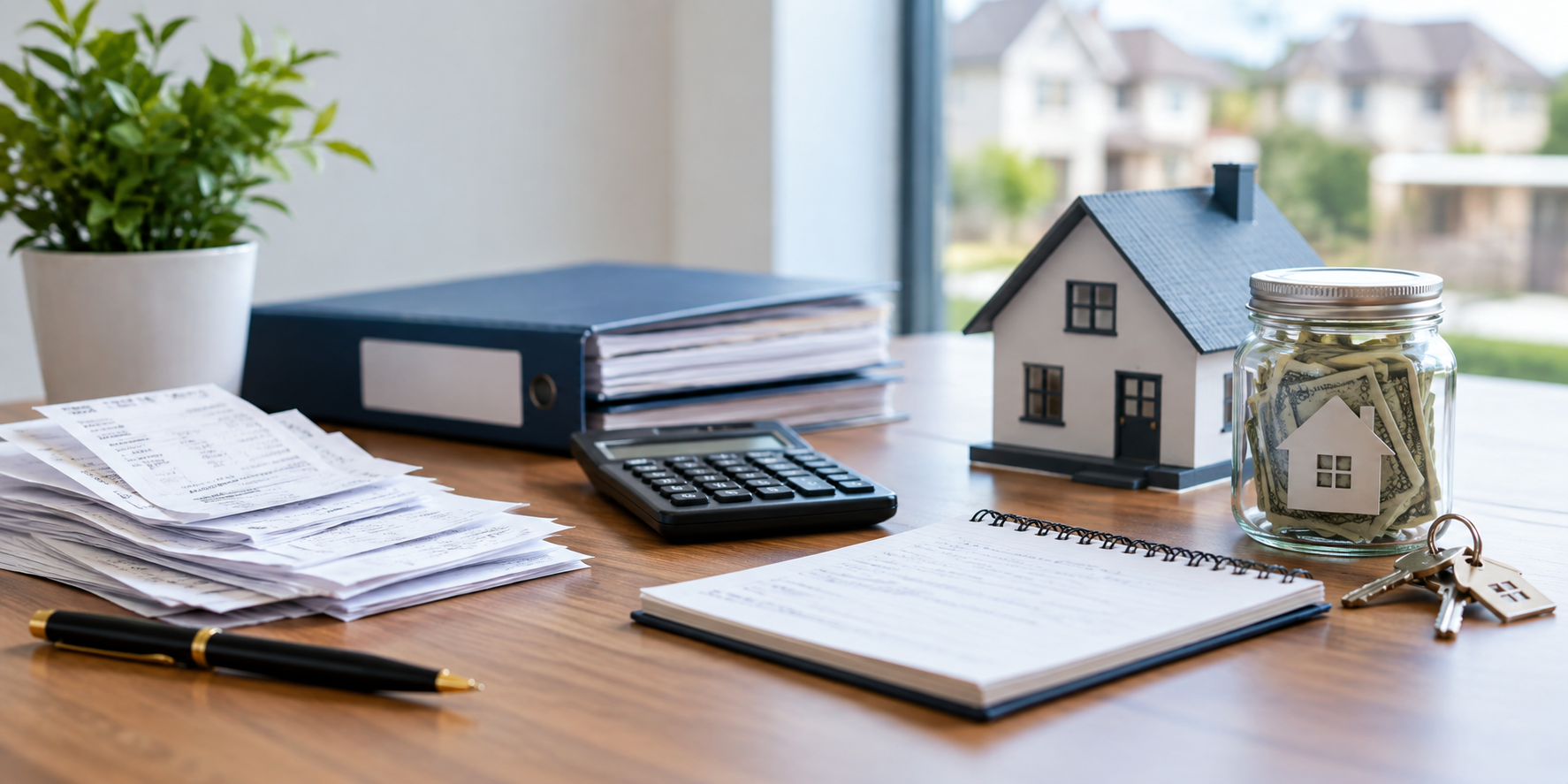 Rental property bookkeeping setup with security deposit records, calculator, house model, cash jar, keys, and financial documents.
