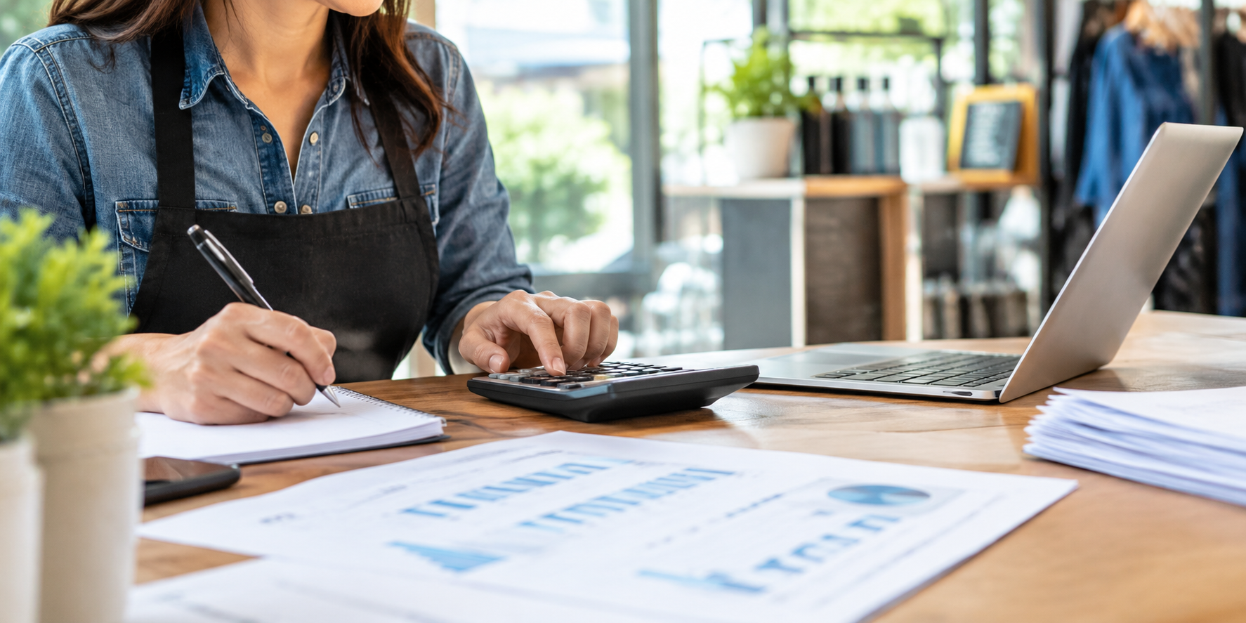 : Small business owner recording customer deposits and managing bookkeeping with a calculator, notebook, and laptop.