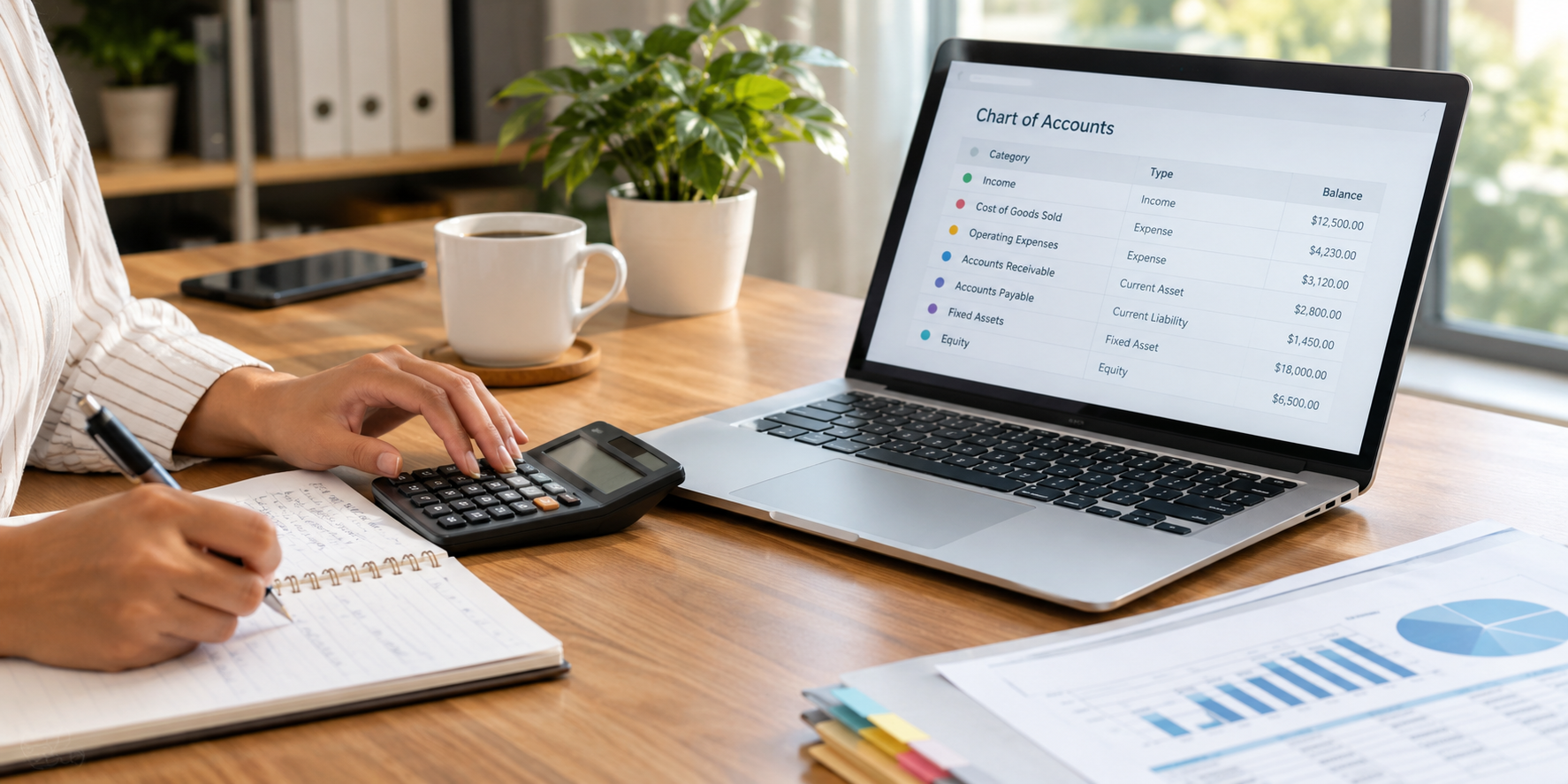 Small business owner reviewing a chart of accounts on a laptop while organizing financial records with a calculator and notebook